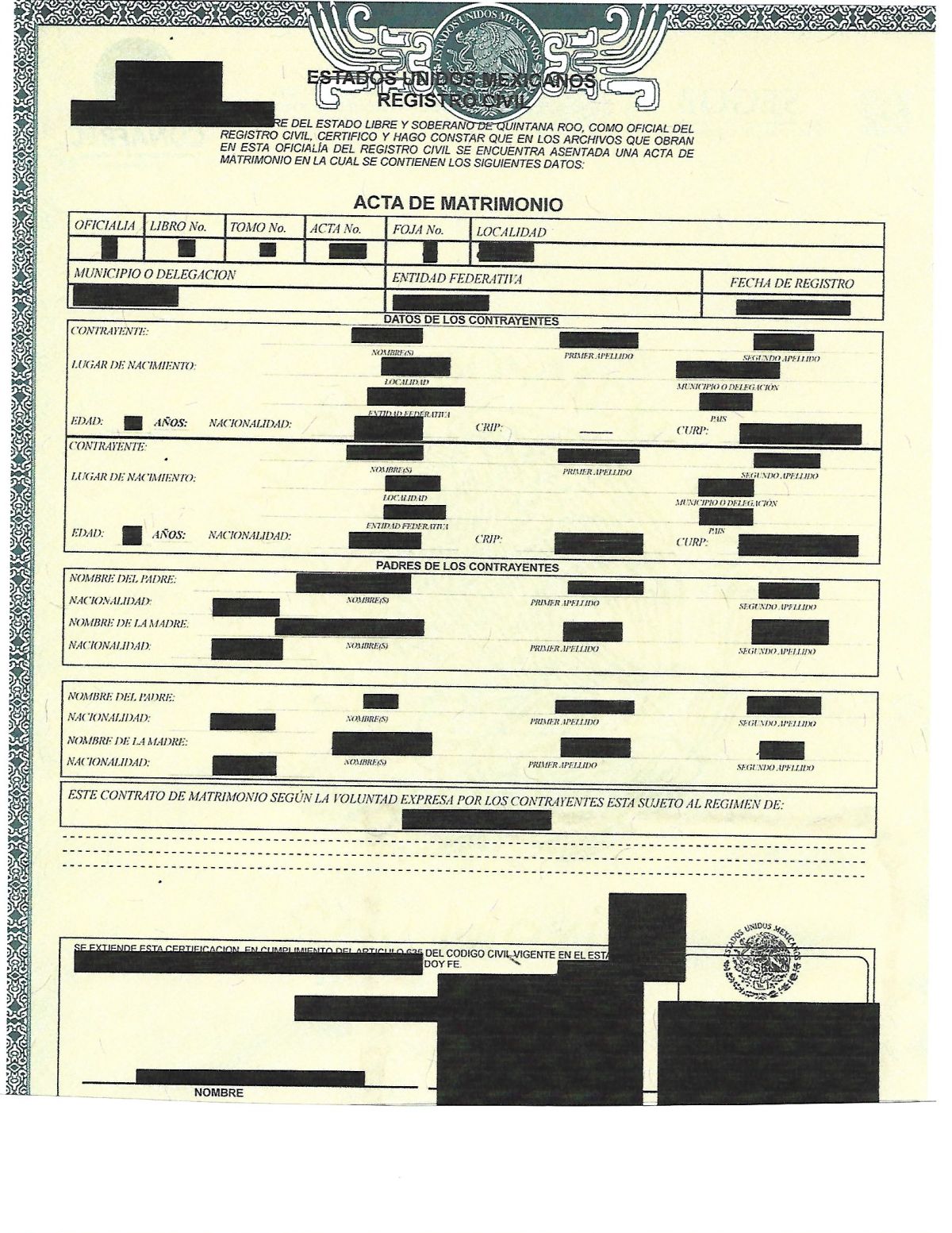 Marriage certificate Mexico