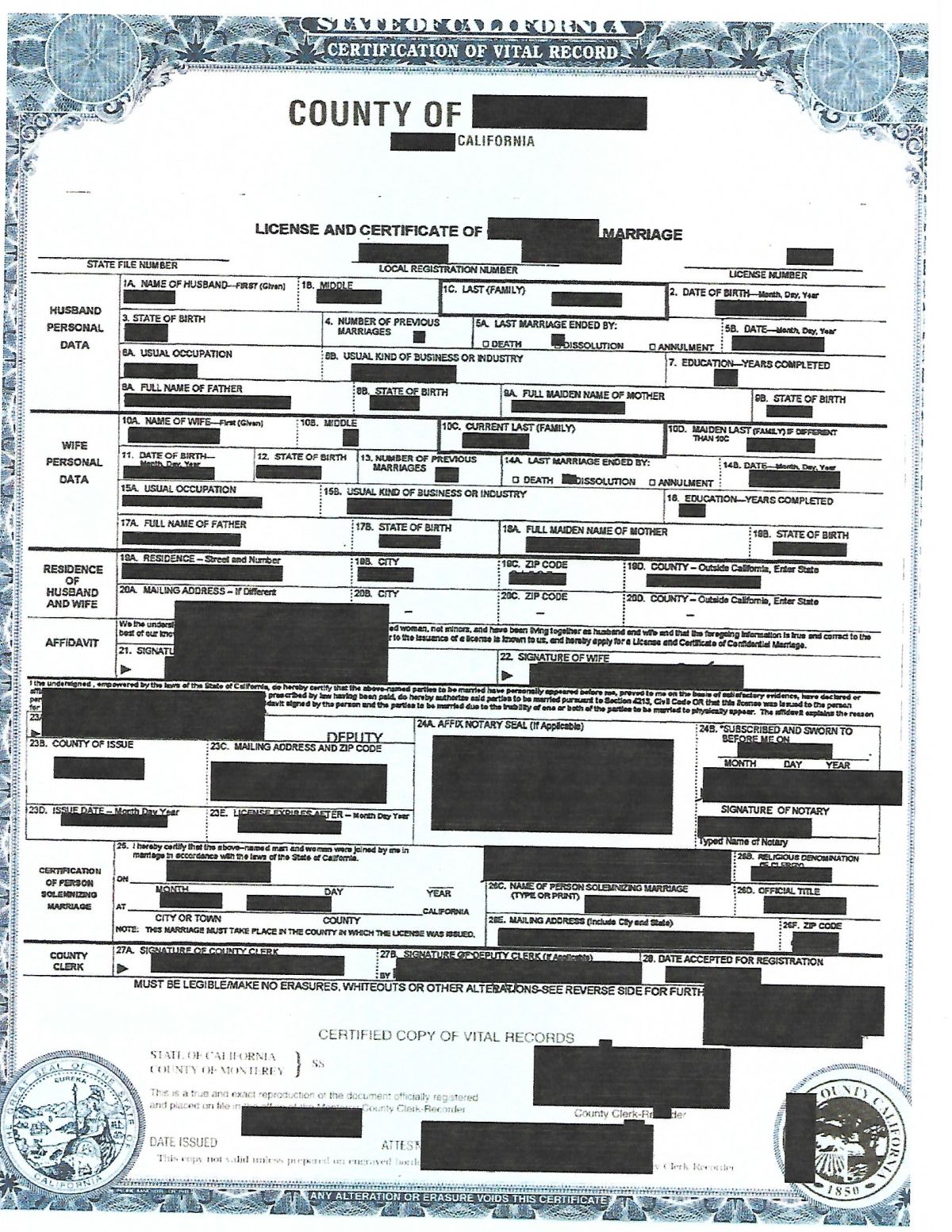 Marriage certificate USA detailled version long tabular form